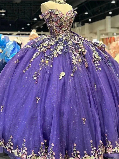 Purple Shiny Quinceanera Dresses 3D Floral Applique Lace Off Shoulder Beaded Birthday Princess Formal Sweet 15 16 Ball Gowns