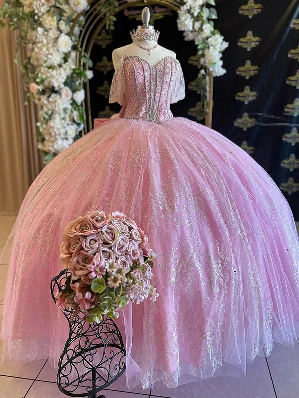 Rosa Herzausschnitt Korsett Ballkleid Off Shoulder Spaghettiträger Prinzessin Quinceanera Kleider Spitzenapplikationen Funkelnde Perlen Tüll Schleife Abschlussball Party Sweet 16 Kleid