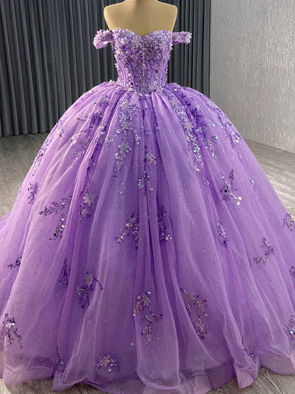 Purple Off Shoulder Sweetheart Puffy Quinceanera Dresses Lace Appliques Beaded Corset Glitter Tulle Sweet 16 Dress Prom Party Gowns