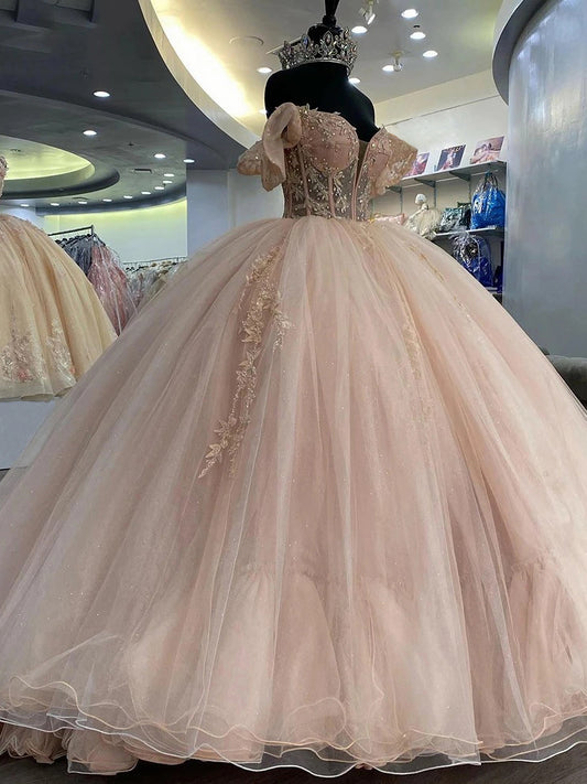Blush Pink Tulle Sweetheart Quinceanera Dresses Ball Gown 2024 Off Shoulder Lace Appliques Beading Corset Princess Sweet 16 Dress Lace Up