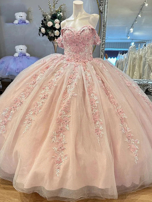 Light Pink Quinceanera Dresses Flowers Lace Appliques Off Shoulder Beads Corset Tulle Plus Size Princess Formal Party Prom Evening Gowns