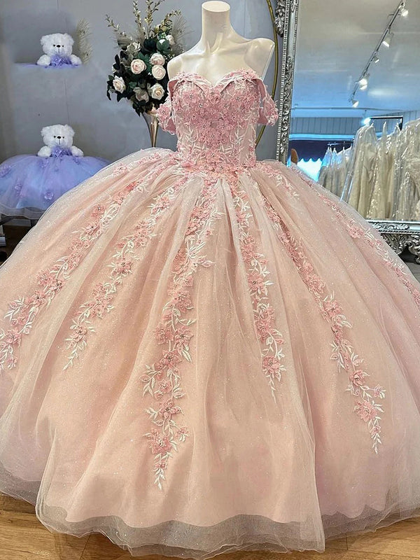 Hellrosa Quinceanera-Kleider Blumen Spitzenapplikationen Schulterfrei Perlen Korsett Tüll Übergröße Prinzessin Formale Party Abschlussball Abendkleider