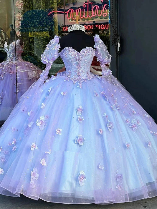 Lavender Sweetheart Quinceanera Dresses with Detachable Sleeves 3D Flower Appliques Beaded Tulle Princess Ball Gown Sweet 15 16 Party Dress