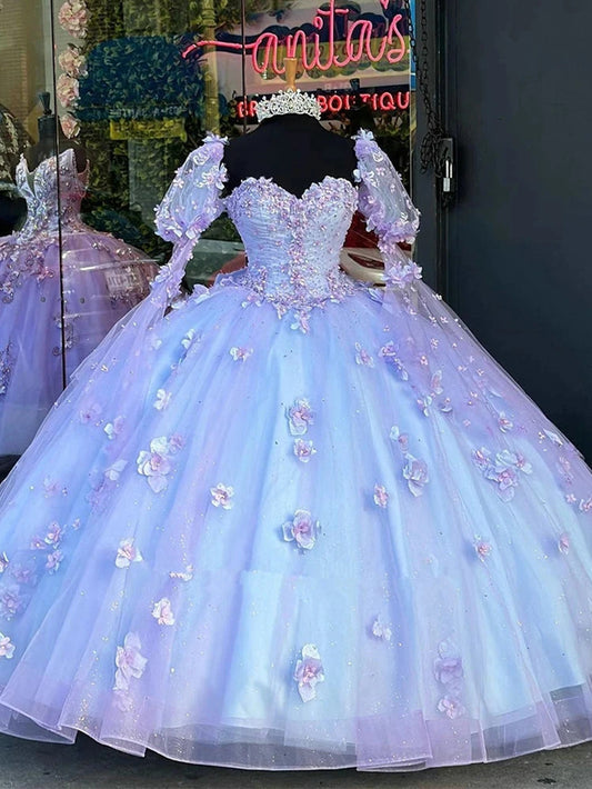 WQ1022 - Gorgeous Ball Gown Sweetheart Neck Detachable Sleeves 3D Flower Appliques Beaded Princess Lavender Tulle Quinceanera Dresses for Sweet 16