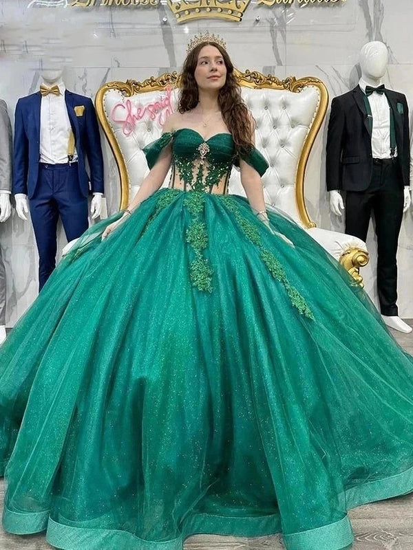 WQ1034 - Vestido de quinceañera de lujo con hombros descubiertos, apliques de encaje floral, corsé con cuentas y tul verde esmeralda para dulces 16