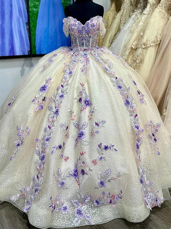 Prinzessin Off Schulter Perlen Korsett Quinceanera Kleider Schatz Ballkleid Blumenapplikationen Spitze Sweet 15 16 Geburtstag Party Kleid
