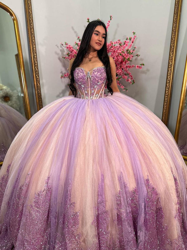 Trägerloses Sweetheart-Korsett-Ballkleid 2024 Prinzessin Quinceanera-Kleider Spitzenapplikationen funkelnde Perlen Tüll formelle Abschlussball-Partykleider Sweet 16 Kleid