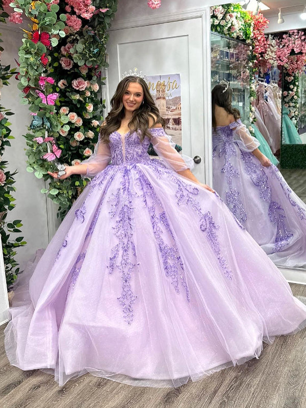 WQ1130 - Glamoroso y hermoso vestido de fiesta con hombros descubiertos, mangas largas, apliques de encaje, tul lila, vestido de quinceañera, vestido de fiesta de noche para dulces 16