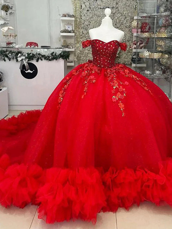 WQ1172 - Lujoso y magnífico vestido de fiesta con hombros descubiertos, apliques de encaje con cuentas y volantes, vestido de quinceañera de tul rojo, vestido de fiesta de cumpleaños para dulces 16