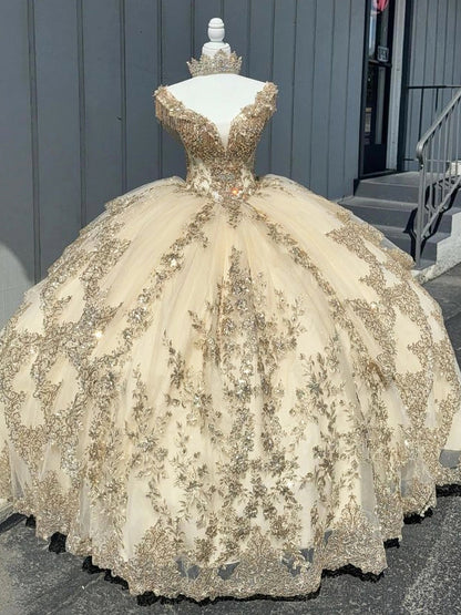 Champagne Off Shoulder Princess Quinceanera Dresses Lace Appliques Beaded Sparkly Tulle Birthday Prom Party Gowns Sweet 16 Dress