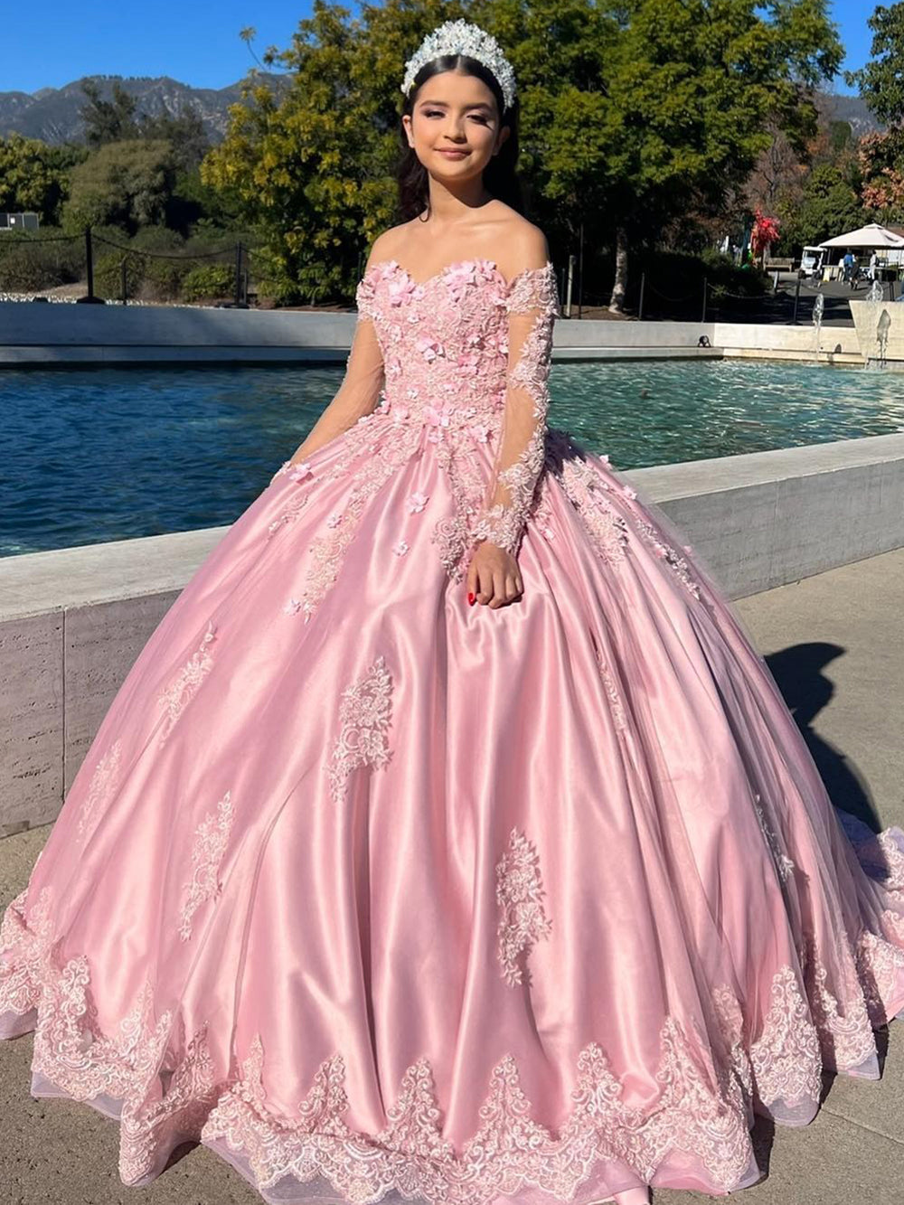 WQ1063 - Elegant Ball Gown Off Shoulder Long Sleeves Lace Appliques Beaded  Pink Satin Quinceanera Dress for Sweet 16