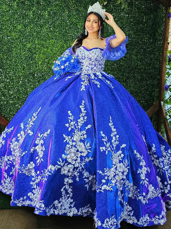 Königsblaues Quinceanera-Kleid mit herzförmigem Ausschnitt, funkelnde Blumenapplikationen, Spitze, Perlenkorsett, Prinzessin, Abschlussball, Party, Ballkleid, Sweet 15 16 Kleid
