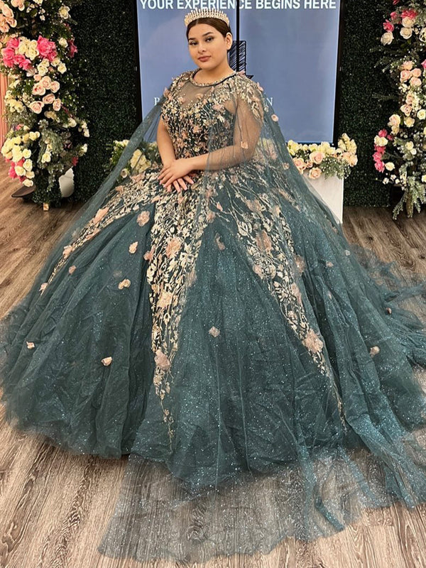 Funkelnde Quinceanera-Kleider für Damen 2024 mit Umhang, Glitzer-Tüll, florale Spitzenapplikationen, Perlenbesatz, Sweet 16, Abschlussball, Partykleid, langes Ballkleid