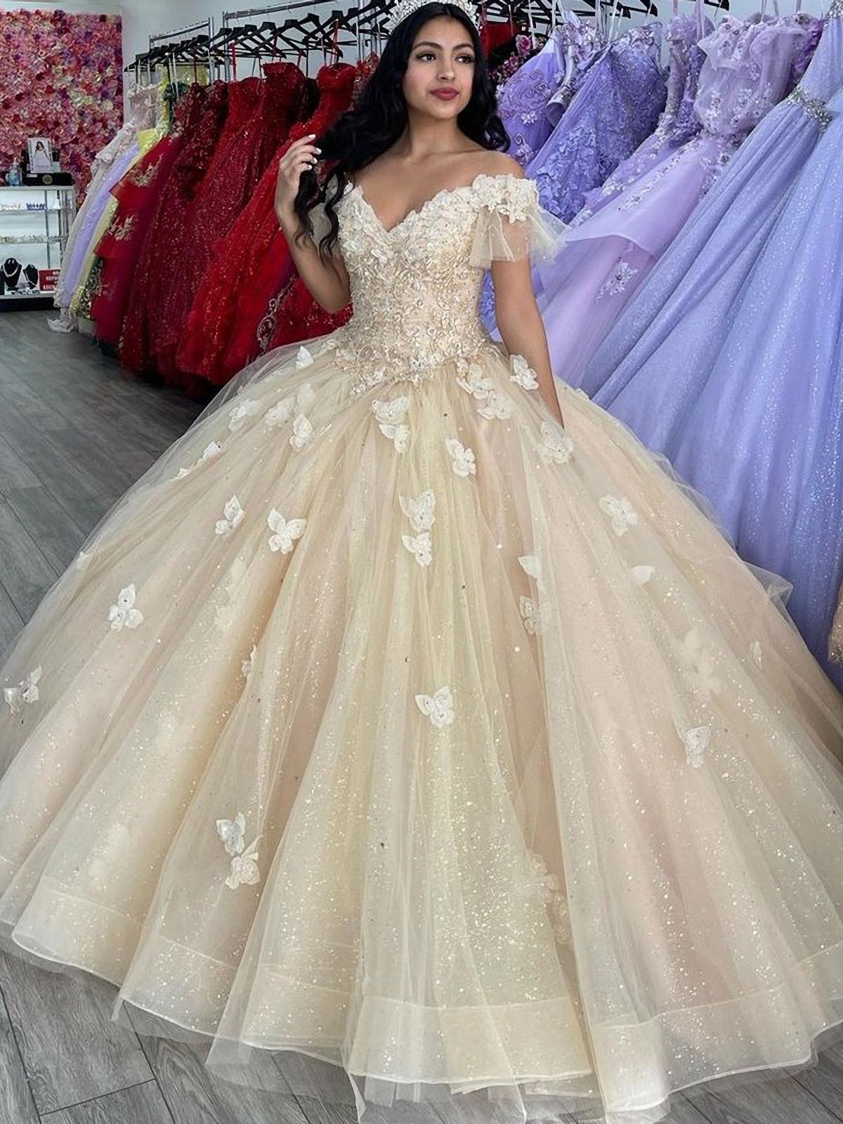 Champagne Puffy Butterfly Quinceanera Dresses Lace Appliques Off Shoulder Long Ball Gown Sparkly Beading Tulle Sweet 16 Dresses