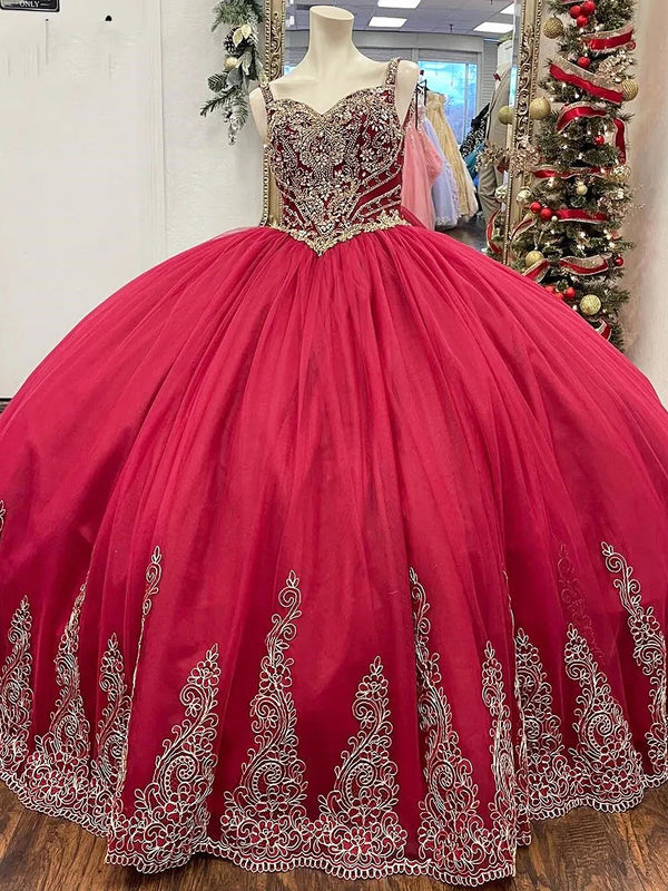 Rote Quinceanera-Kleider Ballkleider Blumen Applikationen Spitze Perlen funkelnde Spaghettiträger Prinzessin Sweet 16 Geburtstagsparty Ballkleid