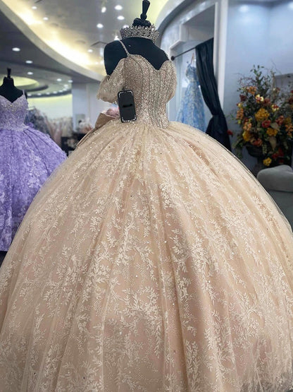 WQ1095 - Ball Gown Off Shoulder Spaghetti Straps Sleeveless Lace Appliques Champagne Tulle Quinceanera Dress for Sweet 16 Dress