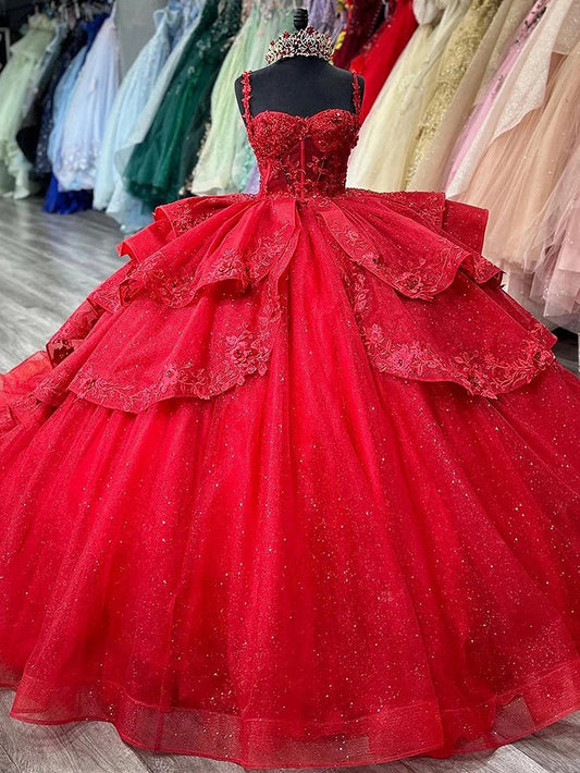 Red Quinceanera Dresses Sweetheart Spaghetti Straps Glitter Tiered Tulle Ruffles Corset Ball Gown Lace Appliques Beads Birthday Party Princess Sweet 16 Dresses