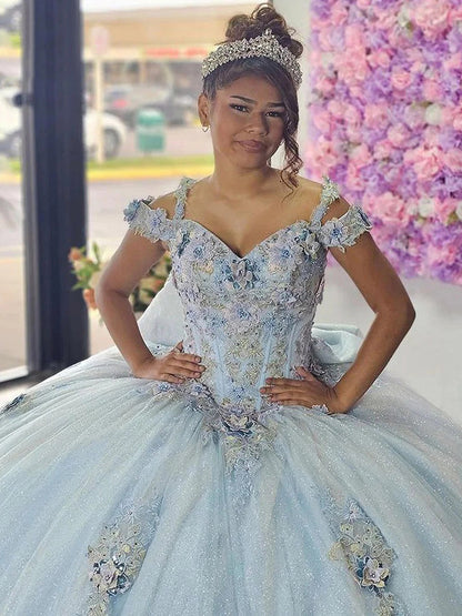 Sky Blue Quinceanera Dresses Ball Gown Sparkly Off Shoulder Beaded Corset Flowers Appliques Glitter Tulle Princess Sweet 16 15 Dress Birthday Party Gown