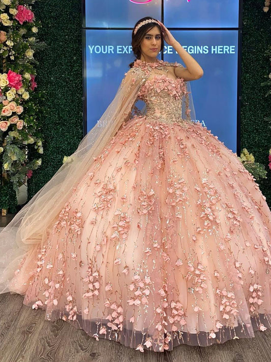 Rose Gold Sweetheart Quinceanera Dresses for Women Ball Gown with Cape Luxury Tulle 3D Floral Appliques Beaded Corset Sweet 16 Prom Party Dress