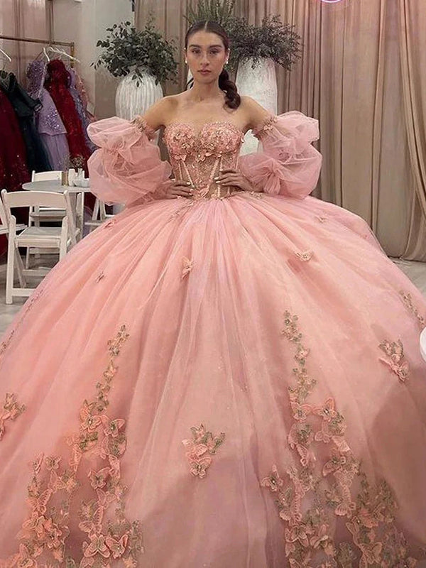 Rosa 3D-Blumen-Spitzenapplikationen 2024 Quinceanera-Kleid Ballkleid mit Puffärmeln Herzförmiger Ausschnitt Perlenbesetztes Korsett Prinzessinnen-Partykleid