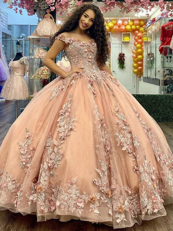Rosa Prinzessin 3D Blumen Applikationen Spitze Quinceanera Kleider für Frauen Ballkleid Off The Shoulder Perlen Tüll Sweet 15 16 Prom Partykleid