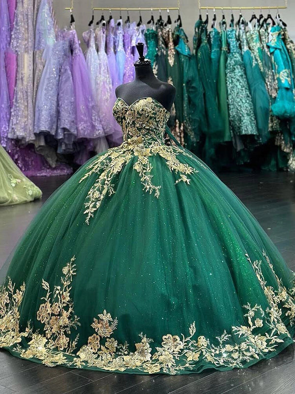 Damen Smaragdgrün Glitzernde Quinceanera Kleider Ballkleider 3D Blumen Applikationen Trägerlos Herzausschnitt Tüll Puffy Sweet 15 16 Kleider