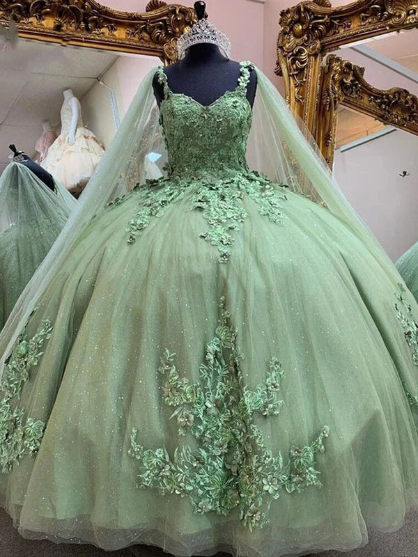 Salbeigrüne Quinceanera-Kleider mit Cape-Spitzenapplikationen, V-Ausschnitt, perlenbesetztem, bauschigem Tüll, langes Prinzessinnen-Ballkleid, Sweet 15 16-Kleid