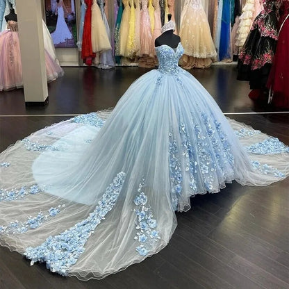 WQ1028 - Glamorous Ball Gown Off Shoulder 3D Flowers Appliques Sweep Train Sky Blue Tulle Quinceanera Dress for Sweet 16