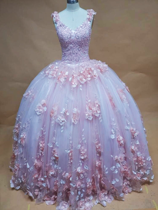 Rosa Prinzessin Quinceanera Kleider Ballkleid V-Ausschnitt Blumenspitze Applikationen Perlen Tüll Puffy Sweet 16 Kleid Abschlussball Partykleider