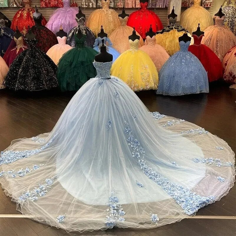 WQ1028 - Glamorous Ball Gown Off Shoulder 3D Flowers Appliques Sweep Train Sky Blue Tulle Quinceanera Dress for Sweet 16