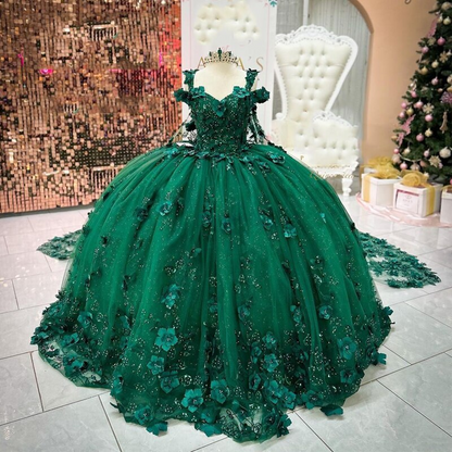 WQ1009 - Luxury Ball Gown Off Shoulder 3D Flower Appliques Beaded Emerald Green Tulle Quinceanera Dress for Sweet 16 Wedding Party Gown