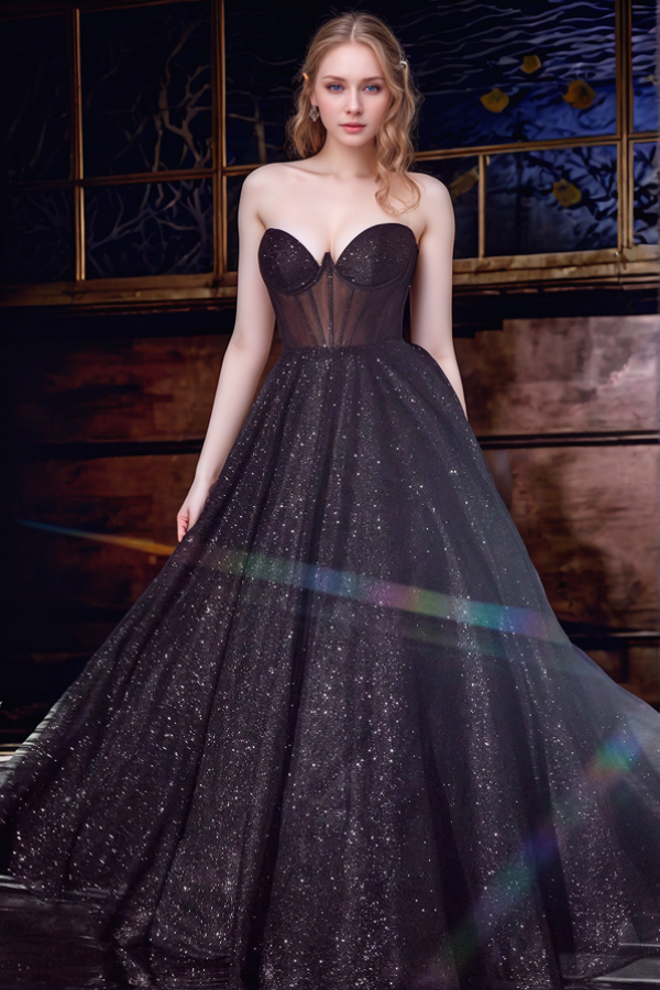 WU1101 - Glitzerndes und glamouröses A-Linien-Kleid, trägerlos, ärmellos, Party-Ballkleid, glitzernder Tüll, bodenlang, plissiert, formelles Abendkleid, Kleid für Hochzeitsgäste