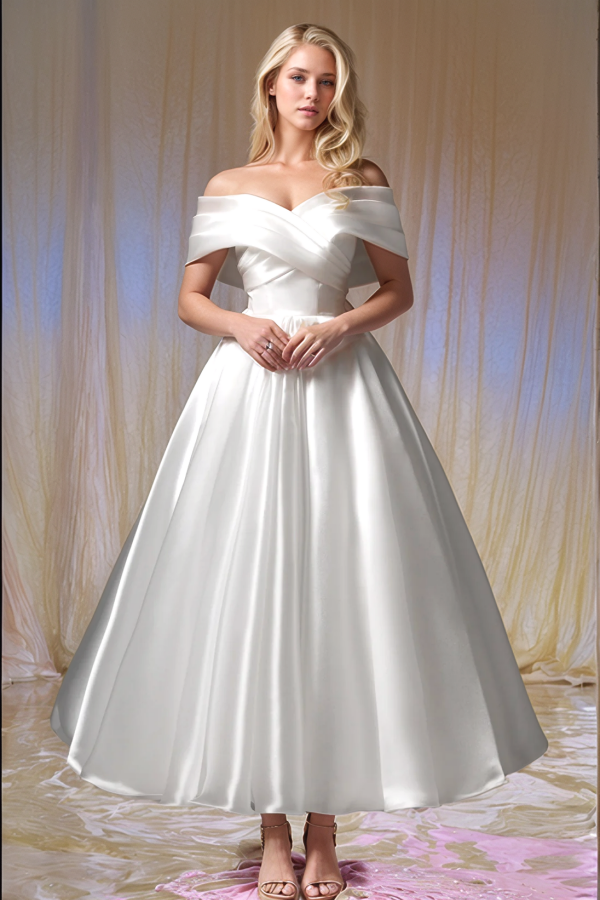 A-Line Off Shoulder Lace Up Ankle Length Satin Wedding Dress WW1039