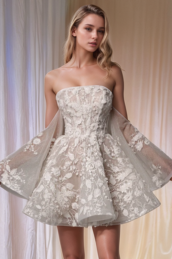 A-Line Off Shoulder Bell Sleeves Appliques Lace Up ShortWedding Dress WW1040