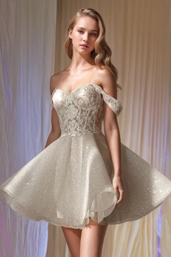 A-Line Off Shoulder Appliques Glitter Tulle Lace Up Wedding Dress WW1042