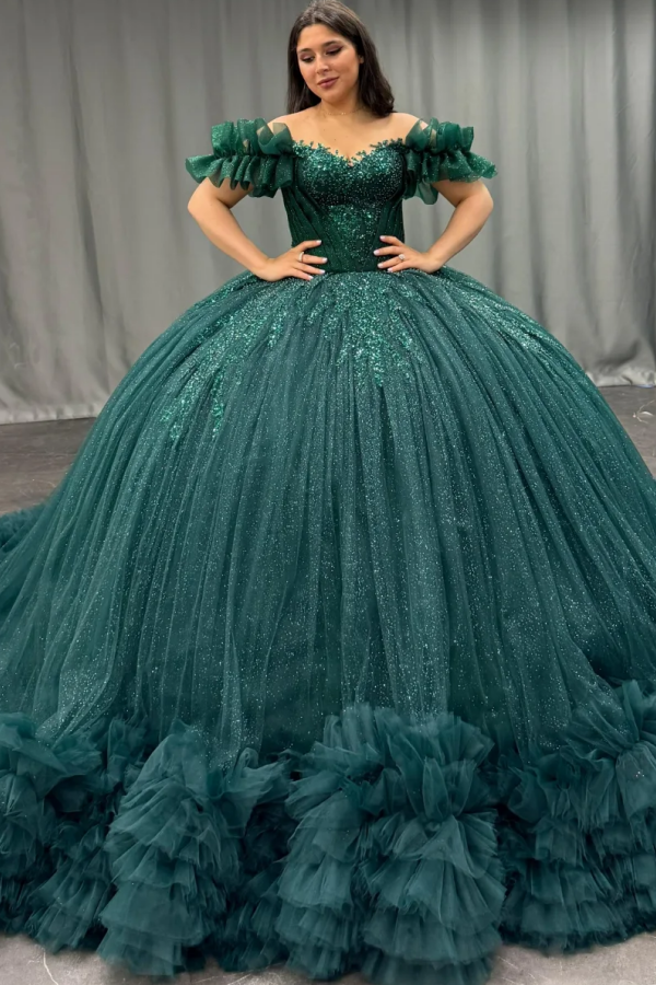Langes Quinceanera-Kleid mit Herzausschnitt für Damen, trägerloses Korsett mit Blumenapplikationen, Perlenbesetztes Tüll-Ballkleid 
