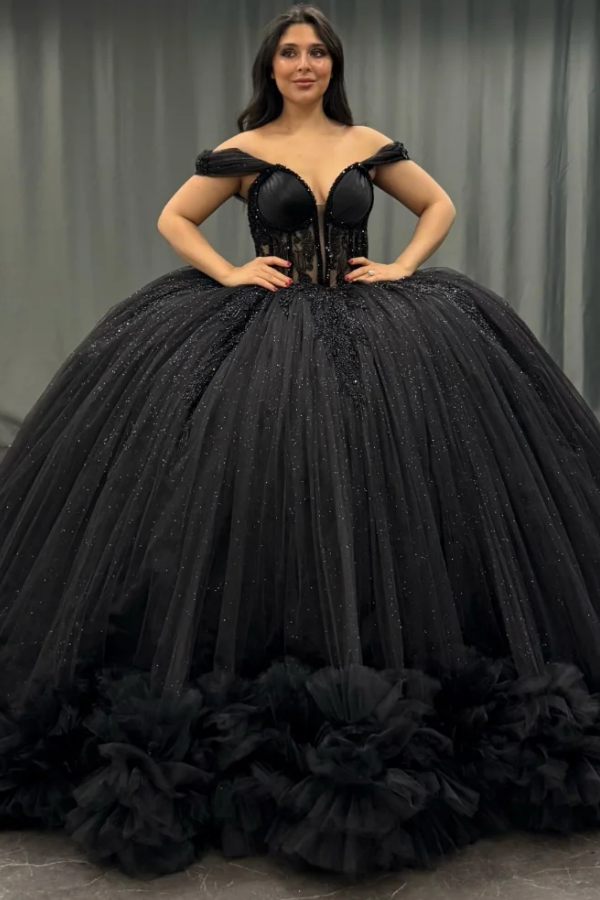 WQ1390 - Vestido de quinceañera con hombros descubiertos, sin mangas, plisado, apliques, capas, tul negro brillante, vestido de fiesta de cumpleaños para dulces 16