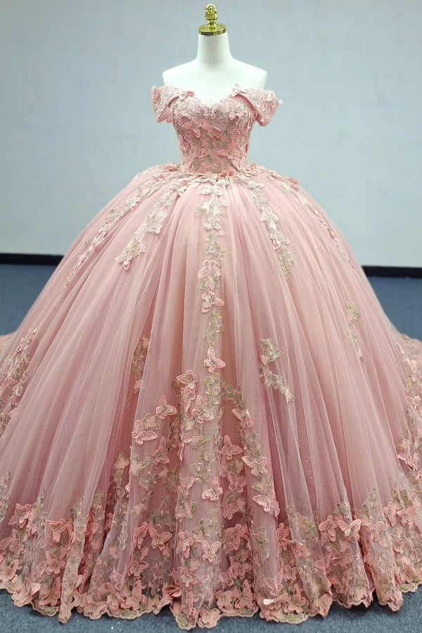 Langes Quinceanera-Kleid mit Herzausschnitt für Damen, trägerloses Korsett mit Blumenapplikationen, Perlenbesetztes Tüll-Ballkleid 