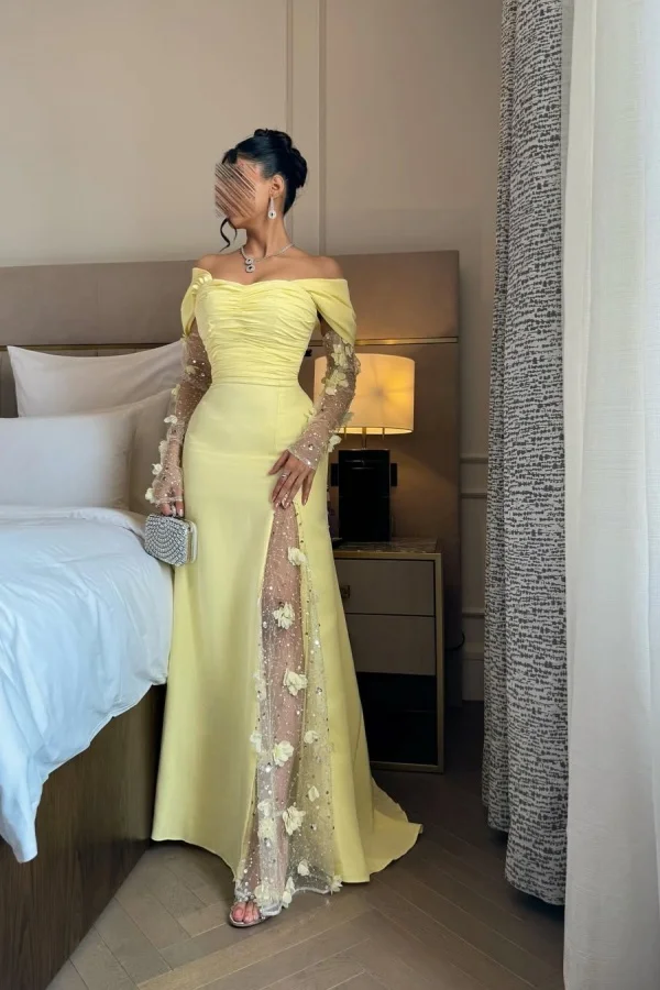 WU1060 - Modern & Chic Sheath Off Shoulder Long Tulle Sleeves Floor Length Prom Party Dress 3D Flowers Sequins Yellow Tulle Formal Evening Gown Wedding Guest Dress