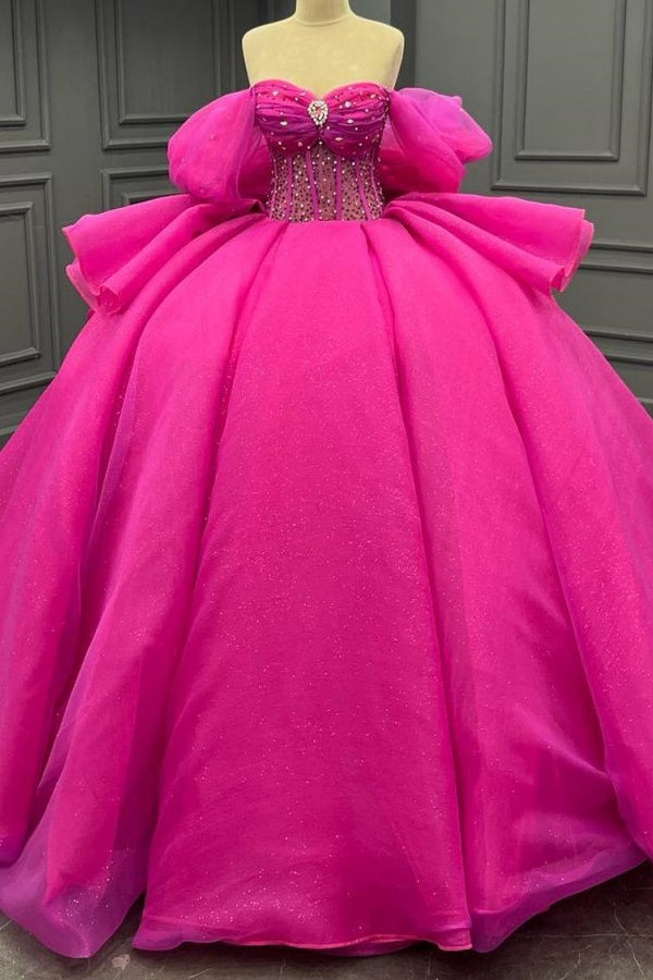 Langes Quinceanera-Kleid mit Herzausschnitt für Damen, trägerloses Korsett mit Blumenapplikationen, Perlenbesetztes Tüll-Ballkleid 