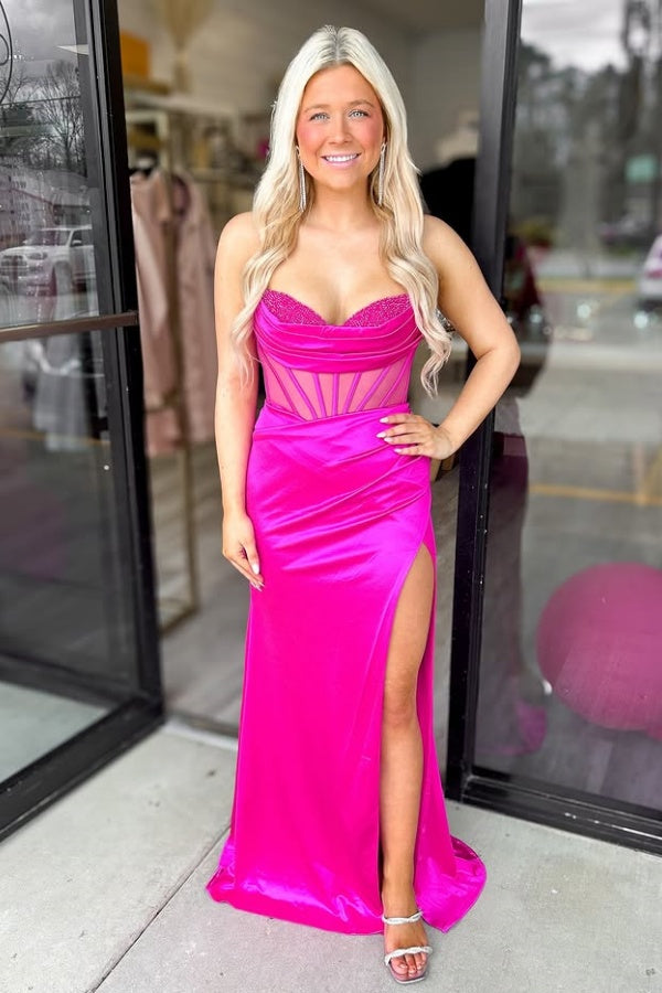 WU1130 - Wunderschönes schulterfreies ärmelloses Ball- und Partykleid mit Pailletten, hohem Seitenschlitz und Schleppe, Abendkleid, Cocktailkleid