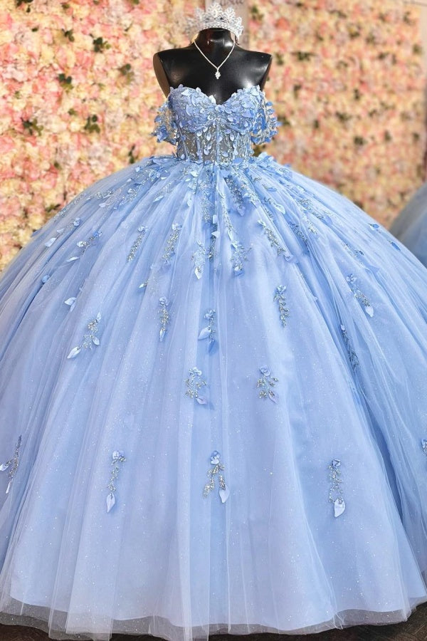 Langes Quinceanera-Kleid mit Herzausschnitt für Damen, trägerloses Korsett mit Blumenapplikationen, Perlenbesetztes Tüll-Ballkleid 