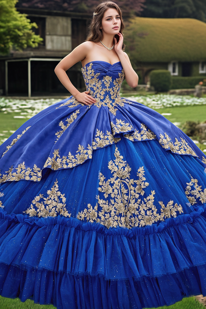 WQ1296 - Elegant & Classic Ball Gown Sweetheart Neck Sleeveless Gold Appliques Tiered Royal Blue Tulle Quinceanera Dress Birthday Party Dress for Sweet 16