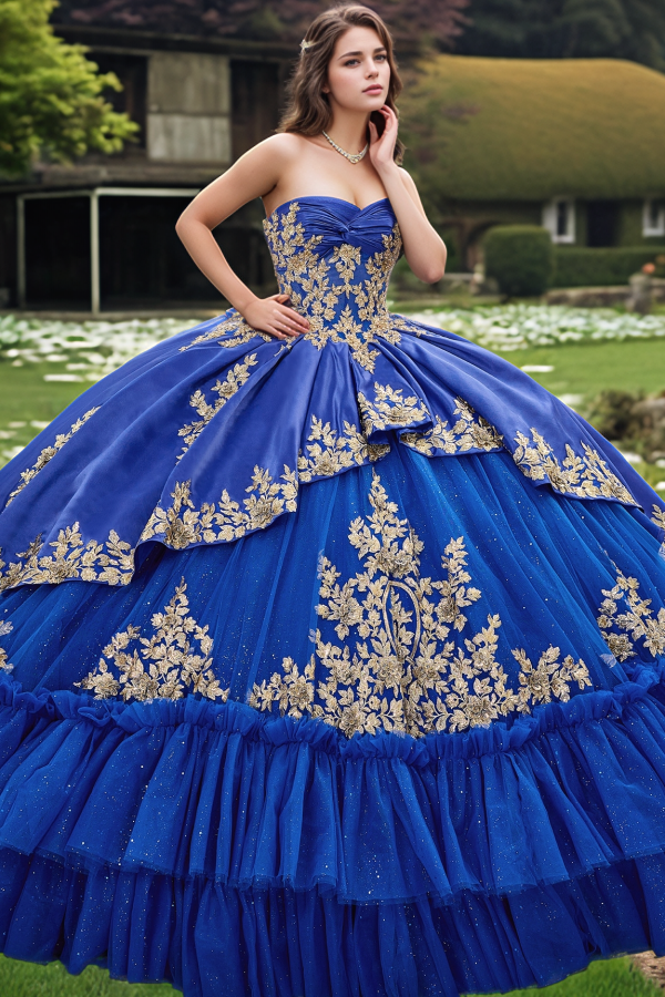Langes Quinceanera-Kleid mit Herzausschnitt für Damen, trägerloses Korsett mit Blumenapplikationen, Perlenbesetztes Tüll-Ballkleid 