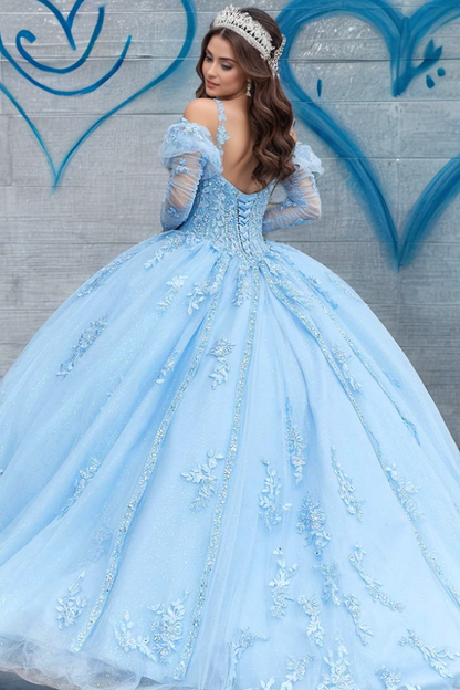 WQ1261 - Chic & Modern Strapless Spaghetti Straps Detachable Long Sleeves Appliques Lace Up Baby Blue Tulle Quinceanera Dress Formal Evening Party Gown for Sweet 16