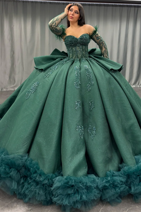 Langes Quinceanera-Kleid mit Herzausschnitt für Damen, trägerloses Korsett mit Blumenapplikationen, Perlenbesetztes Tüll-Ballkleid 