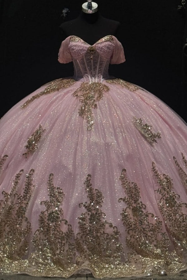 Off Shoulder Sleeveless Beaded Gold Sequins Appliques Pink Quinceanera Dress for Sweet 16 WQ1281
