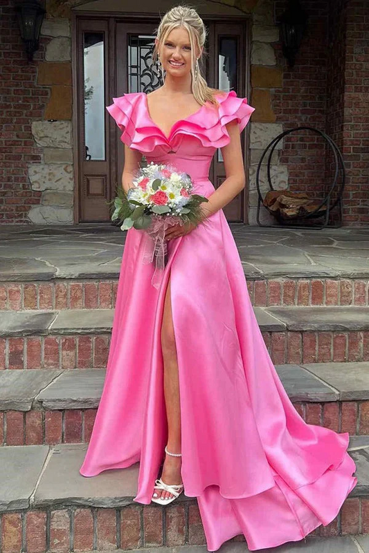 WU1011 - Cute A-Line V Neck Sleeveless Ruffles V Back High Side Slit and Train Back Zipper Prom Dress Evening Party Gown