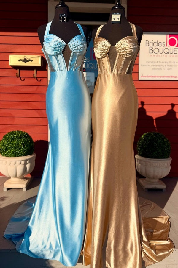 WU1130 - Wunderschönes schulterfreies ärmelloses Ball- und Partykleid mit Pailletten, hohem Seitenschlitz und Schleppe, Abendkleid, Cocktailkleid