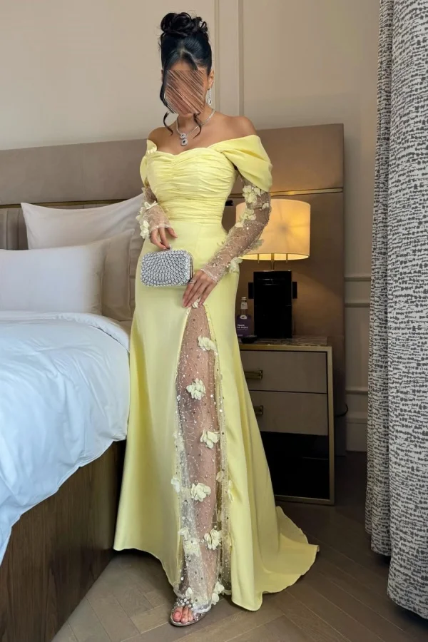 WU1060 - Modern & Chic Sheath Off Shoulder Long Tulle Sleeves Floor Length Prom Party Dress 3D Flowers Sequins Yellow Tulle Formal Evening Gown Wedding Guest Dress